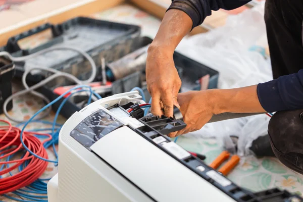 Hands servicing electronic controls inside a compact home comfort unit